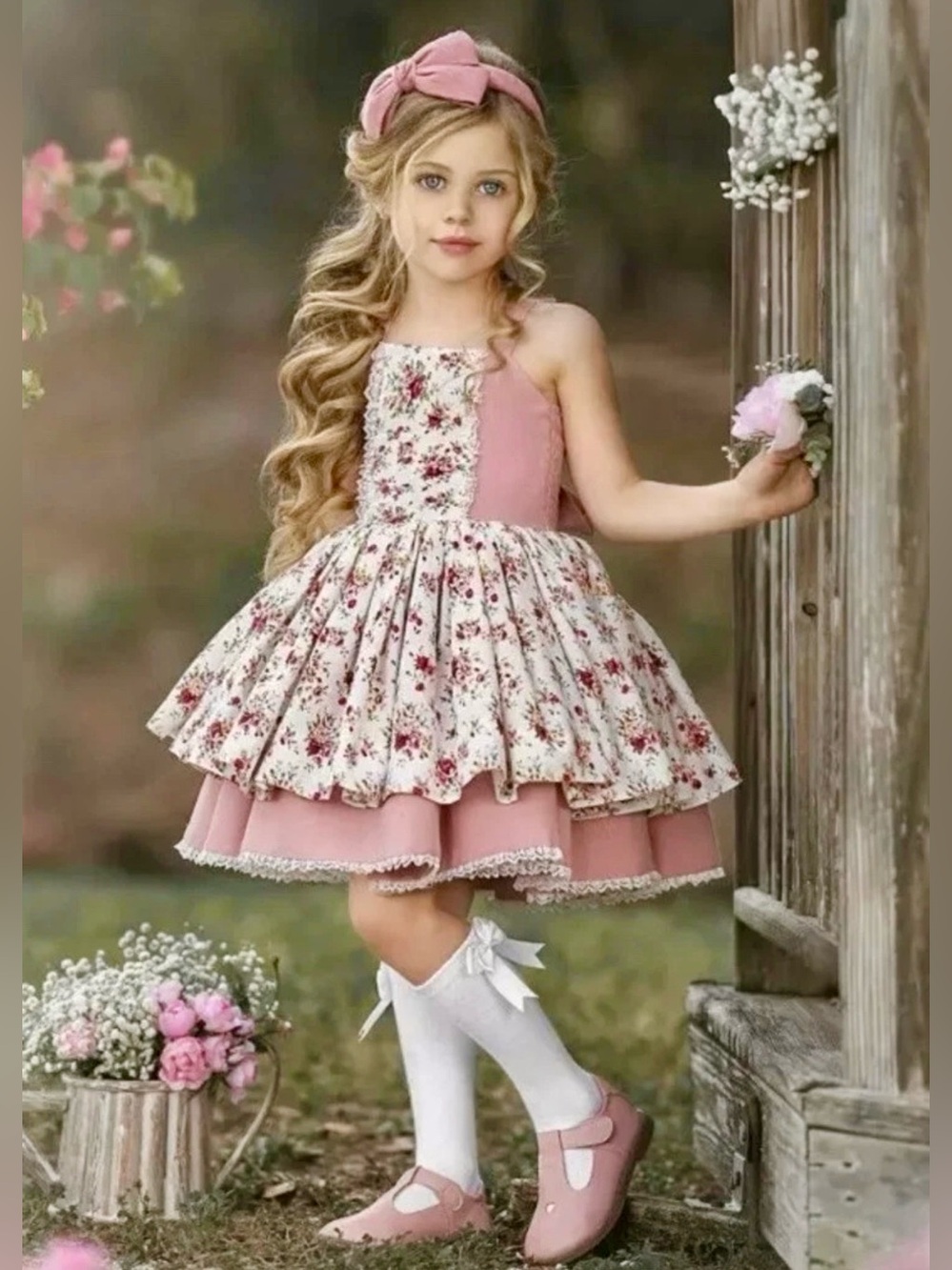 DOLLCAKE ANNA FLORAL DRESS AND BOW CLIP